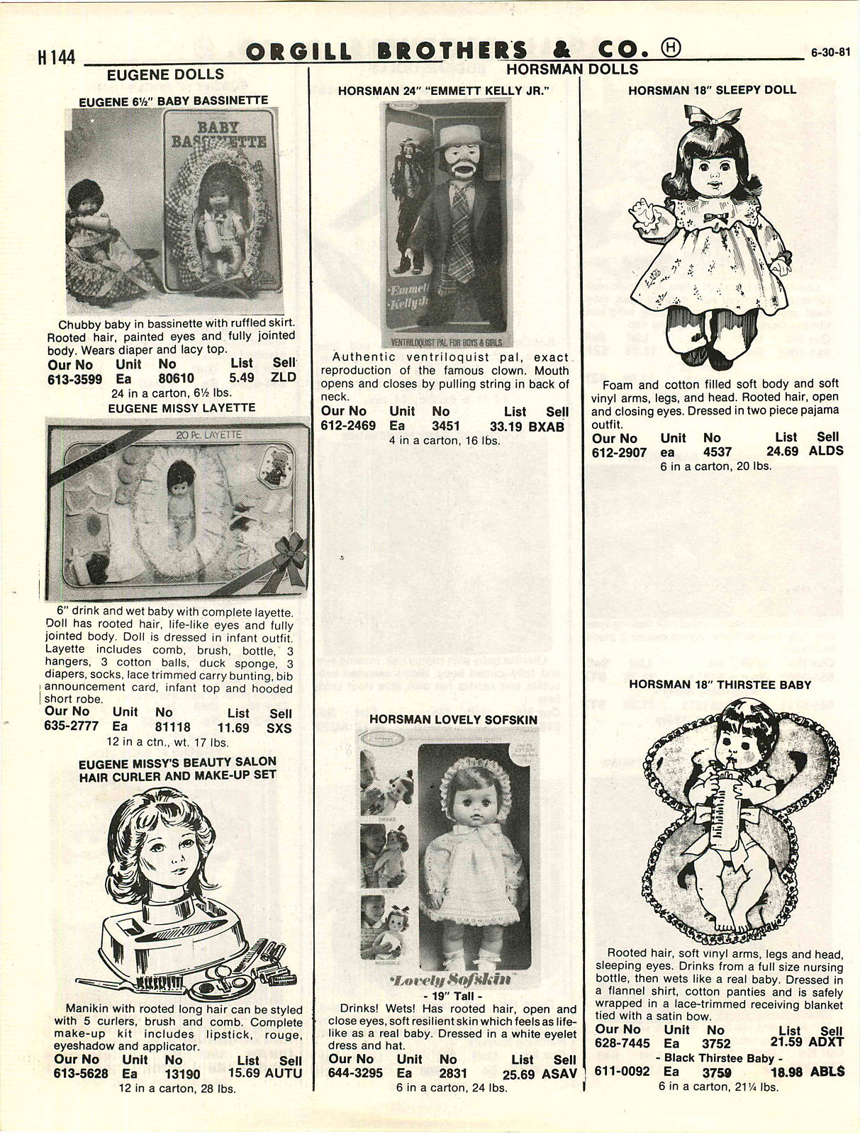 1981 ADVERT Horsman Dolls 24″ Emmett Kelly Lovely Sofskin Eugene Honeykins Lisa