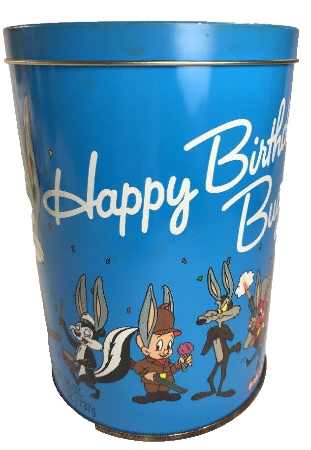 Bugs Bunny 50th Anniversary Happy Birthday Round Metal Tin w Lid 1989 Brach’s