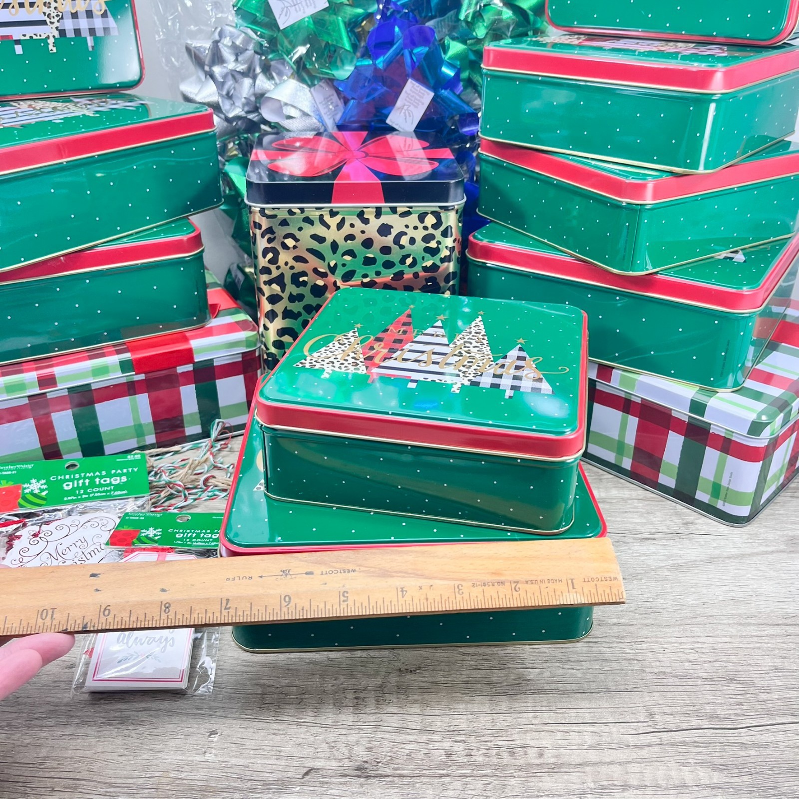 NEW Lot 12 Christmas Cookie Tins Metal Holiday Gift Boxes Small Large + Bows Tag