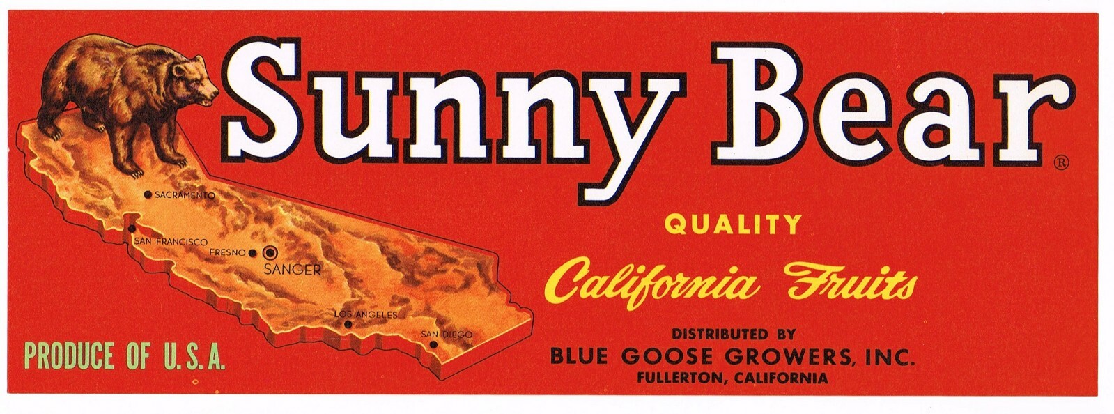 ORIGINAL CRATE LABEL FRUIT SUNNY BEAR FULLERTON BLUE GOOSE CALIFORNIA MAP C1950S