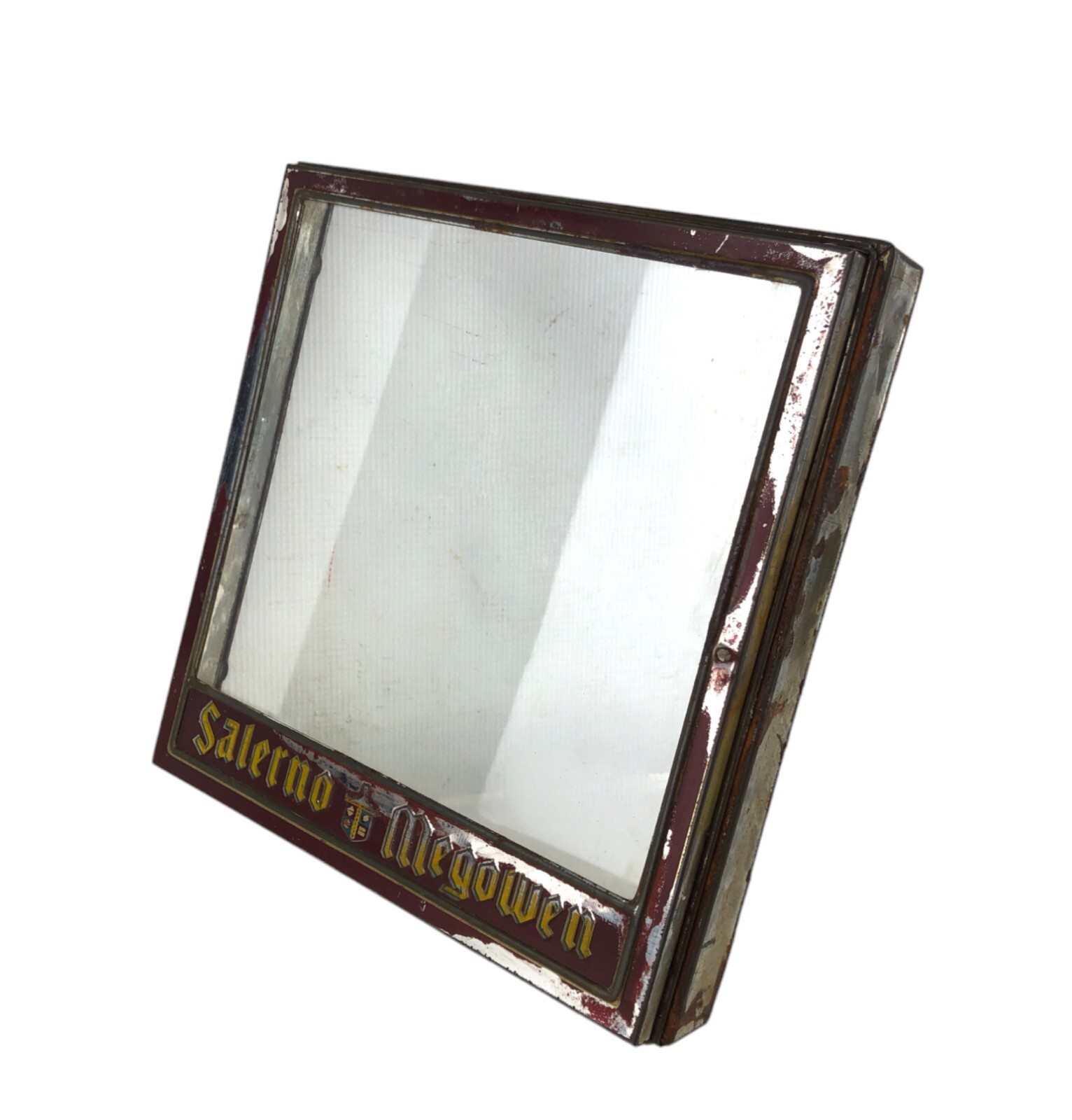 1920s Salerno & Megowen Tin Store Biscuit Display Hinged Glass Lid Cover