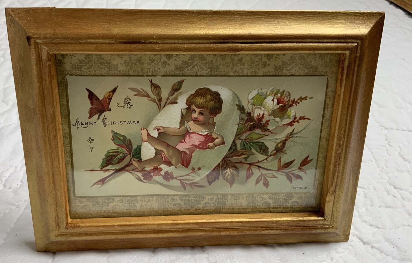 Vintage Antique Victorian Trade Card Ephemera Framed, Young Girl, Leaves, Merry