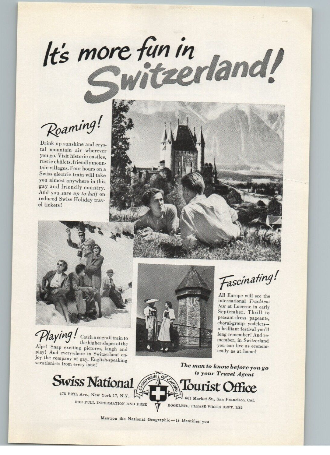 Vintage Switzerland Travel 1951 Print Ad Swiss National Tourist Office Europe