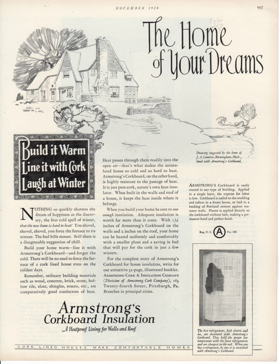 Vintage Print advertisement ad 1926 Armstrong’s Corkboard Insulation Dream Home