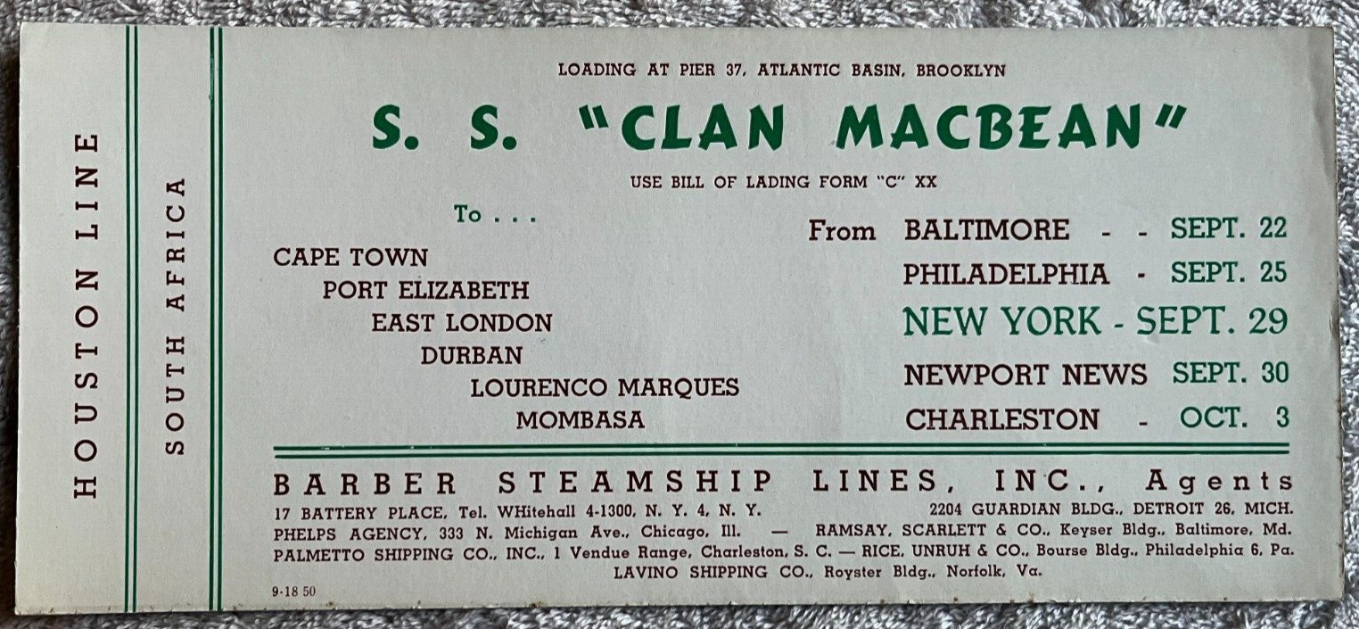 1940s ink blotter Barber Steamship Lines S.S. Clan Macbean ship South Africa