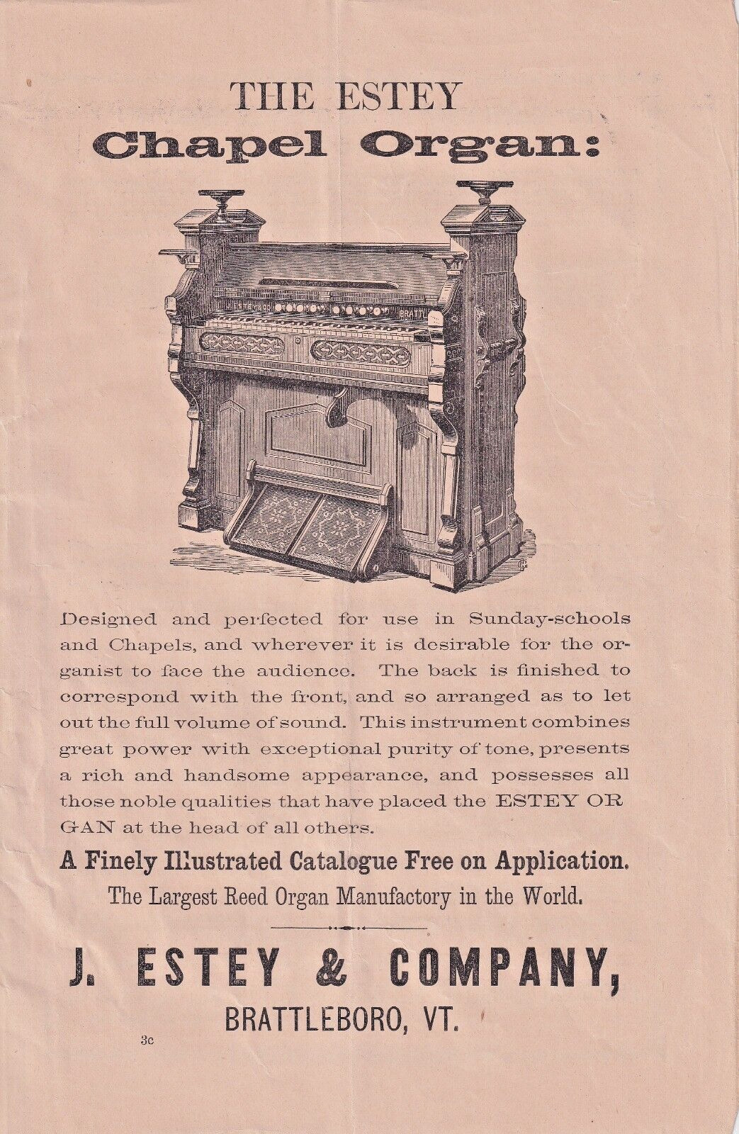 1878 Print Ad Estey Chapel Organ 9 1/2″x6″ J Estey Co. Brattleboro VT