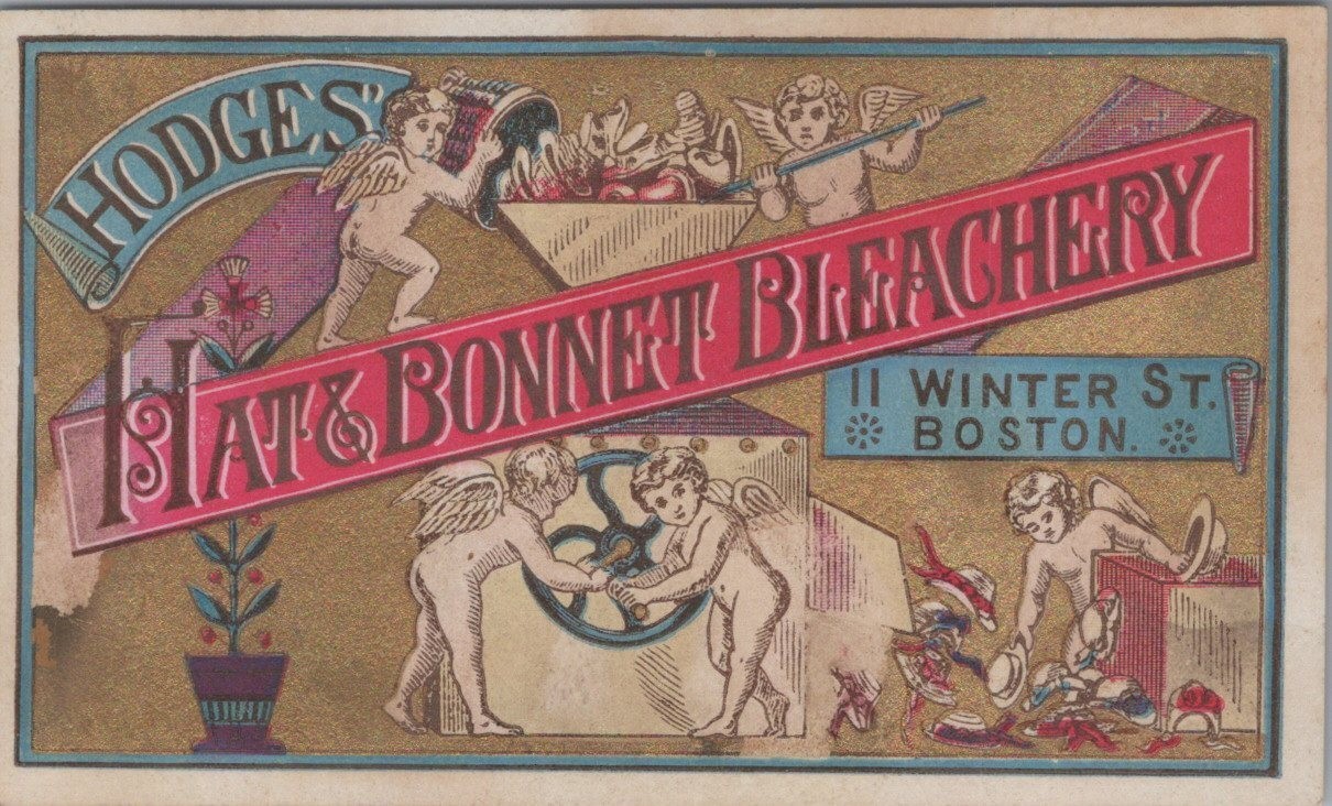 Hodges Hat Bonnet Bleachery Boston MA Angels Cupids Working Machine Box FQV1