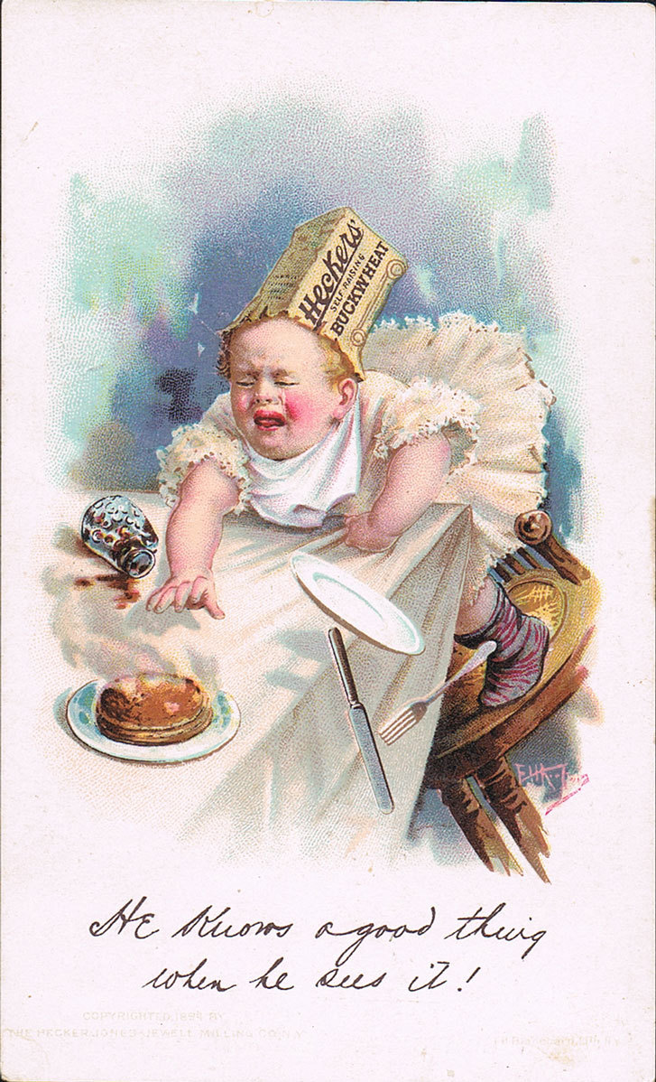 Baby wears Flour Bag Hat Reaches For Pancakes Knocks Over Syrup ~HECKER’S FLOUR
