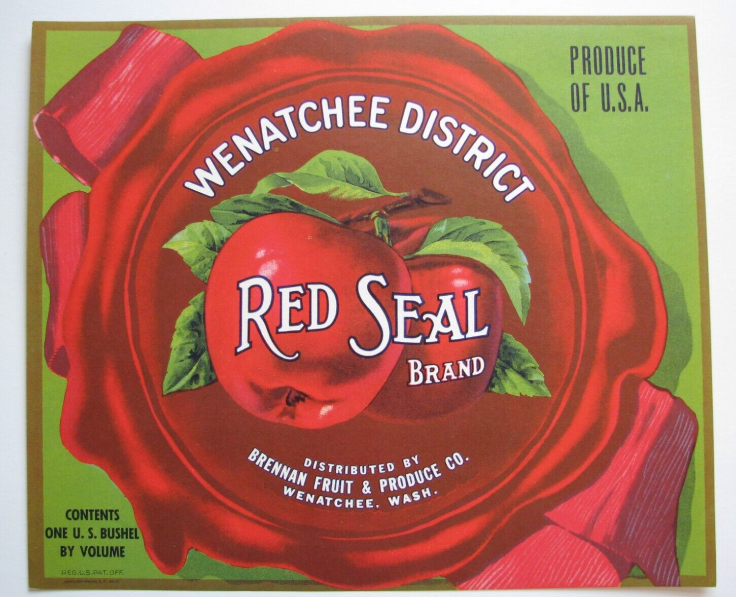 Original scarce WENATCHEE DISTRICT RED SEAL apple crate label Brennan Fruit