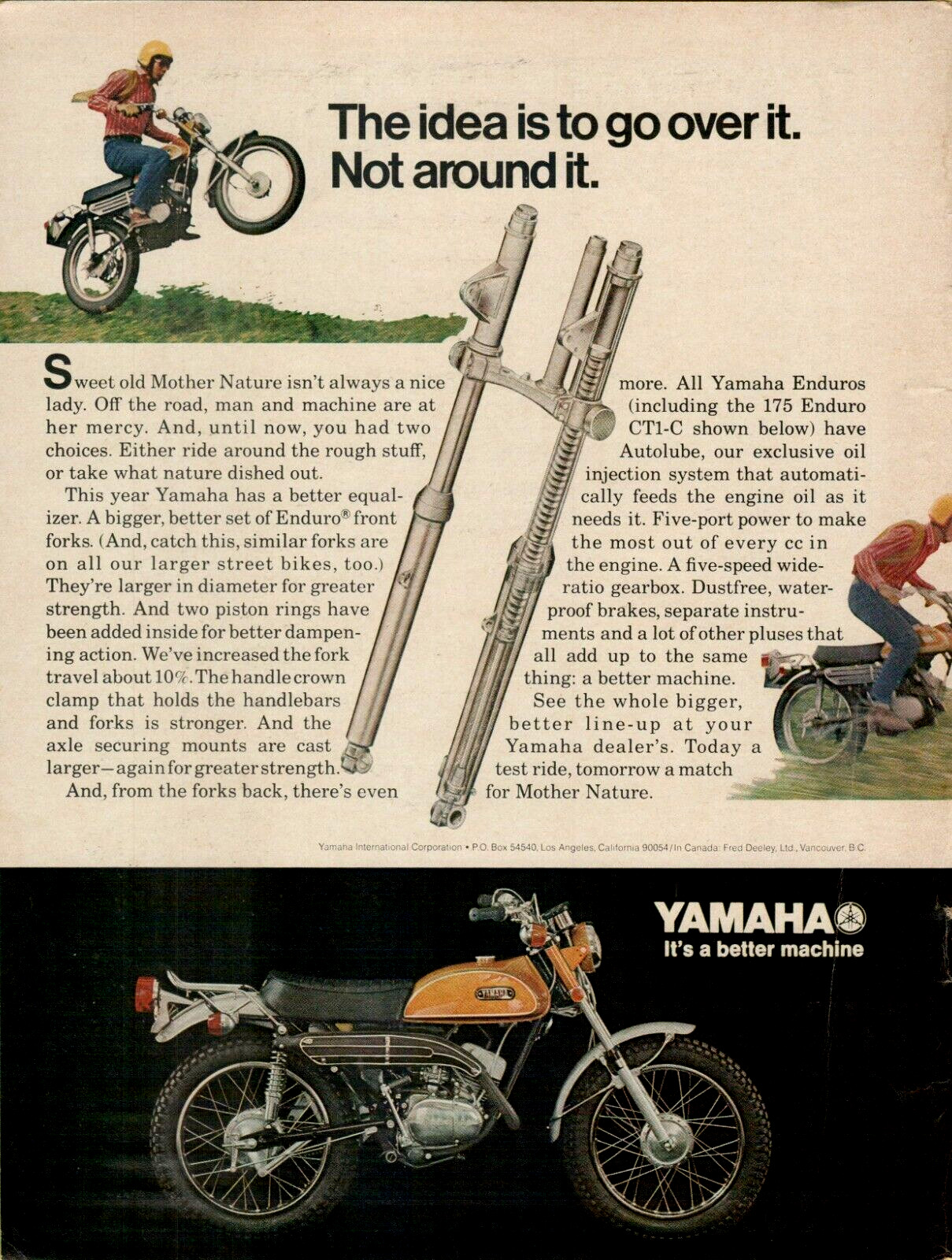 1971 Yamaha 175 Enduro CT1-C Front Forks Motorcycle Original Color Print Ad