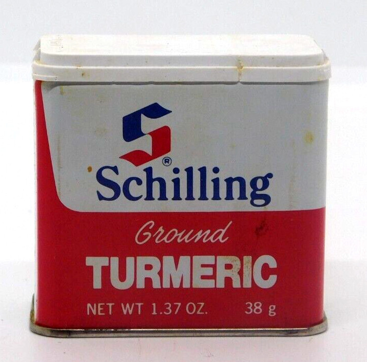 Spice Tin Metal Schilling Ground Tumeric Plastic Lid 1.37 Oz 38g 2 1/8 x 2 1/4