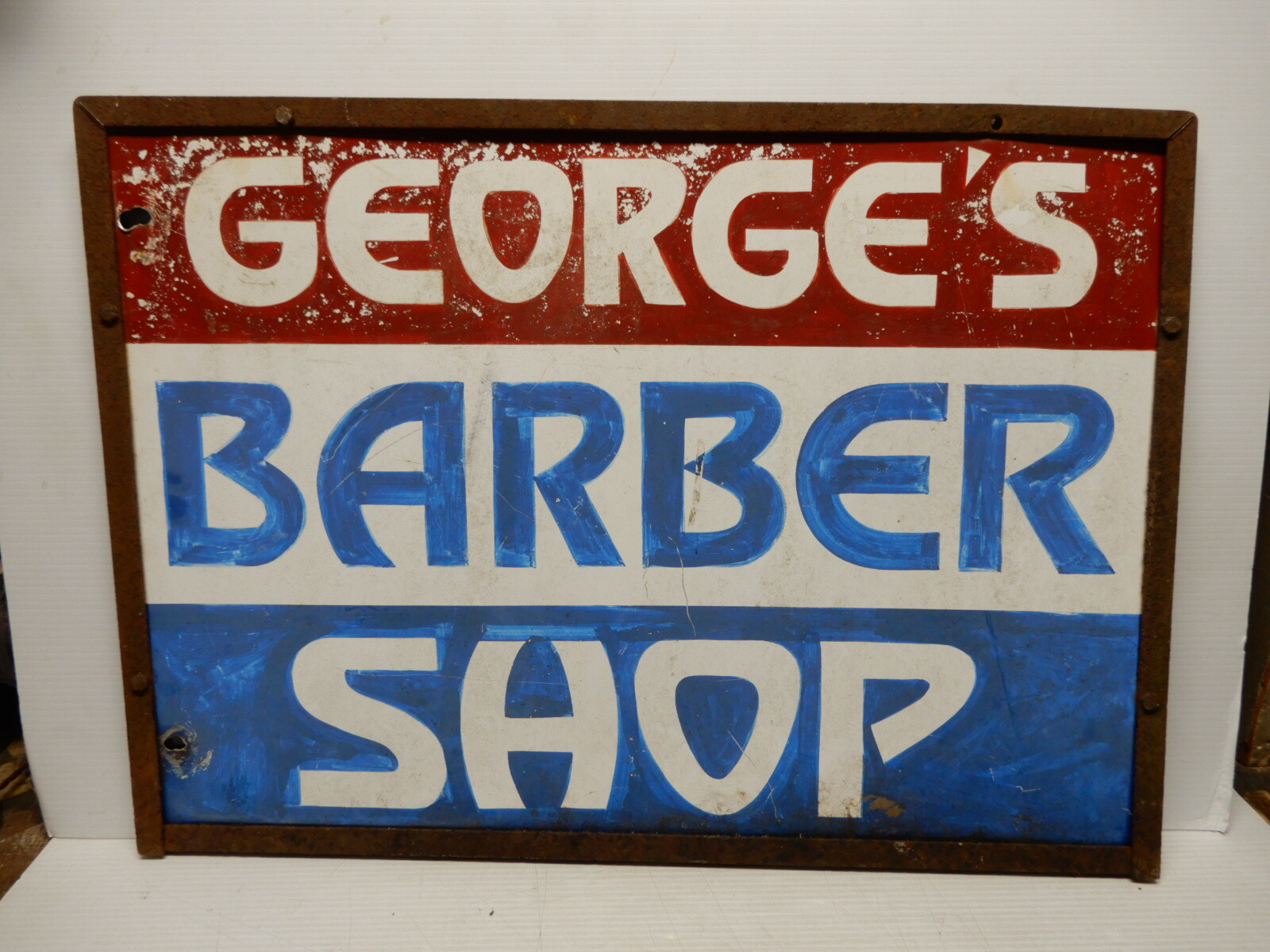 VINTAGE PAINTED TIN AND STEEL SIGN BARBER SHOP CA. 1960