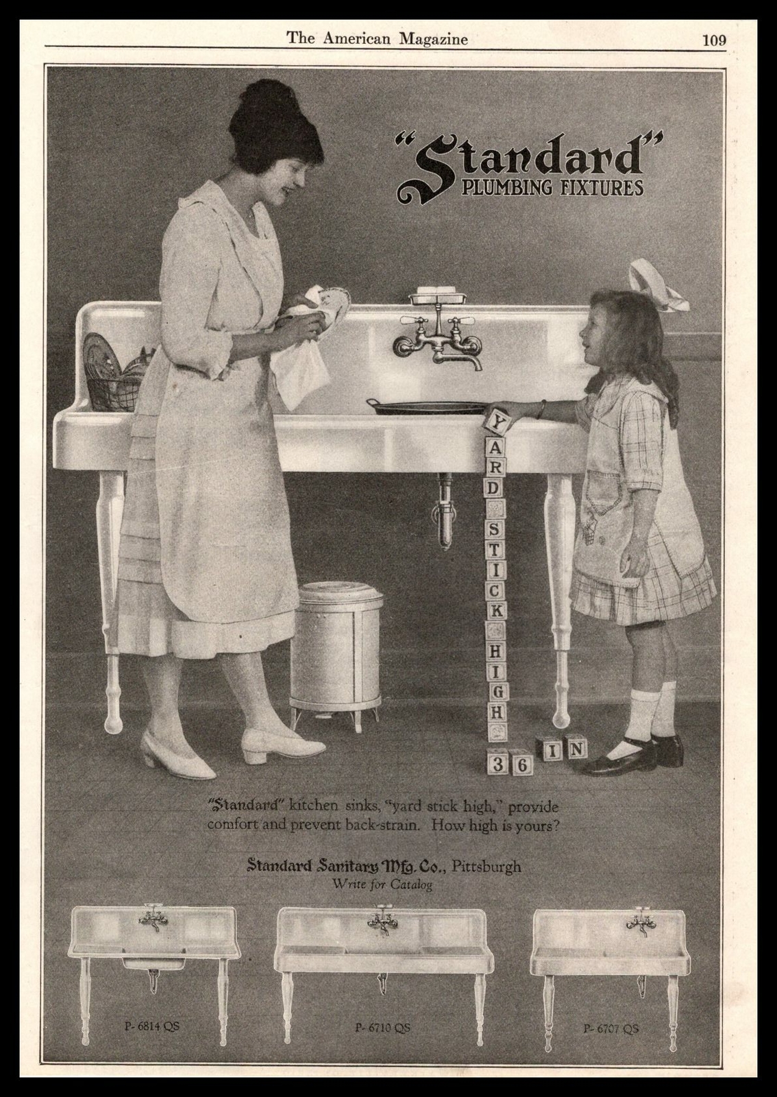1922 Standard Sanitary Plumbing Fixtures Sink Girl Wood Alphabet Blocks Print Ad