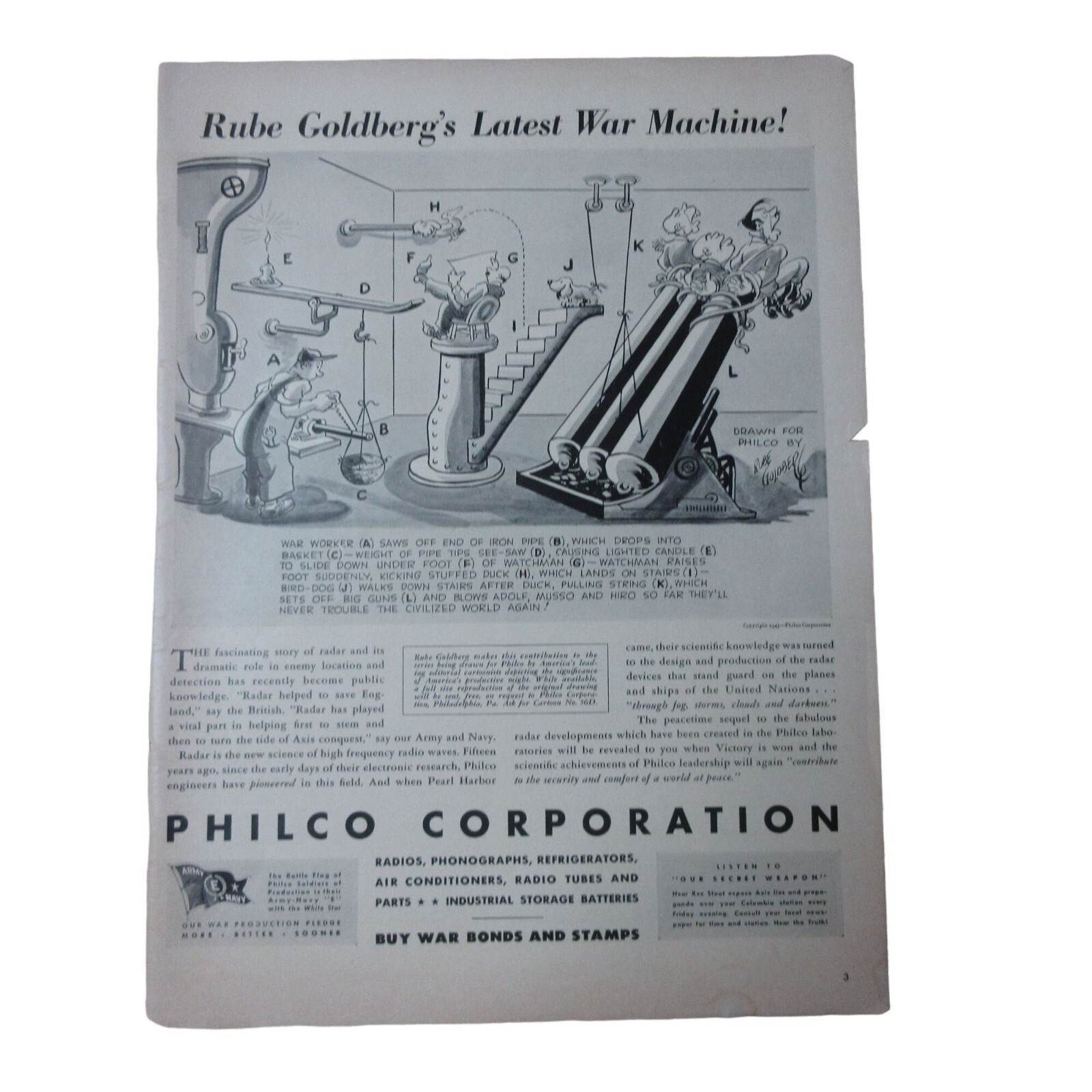 1943 Philco Corp – Rube Goldberg’s Latest War Machine – Vintage WW2 Print Ad