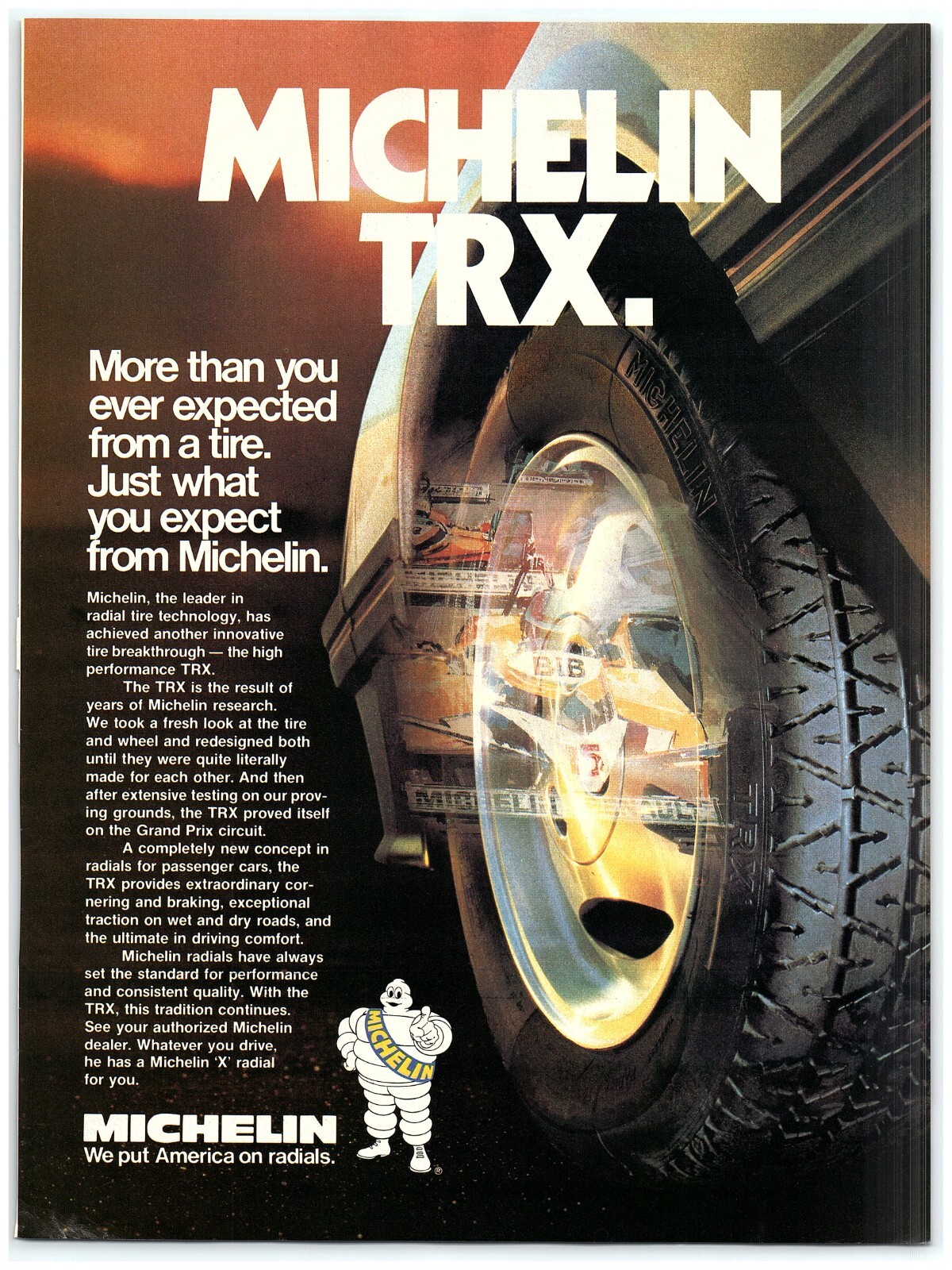 1982 Michelin TRX Tire Print Ad, Radials Grand Prix Circuit New Concept Man