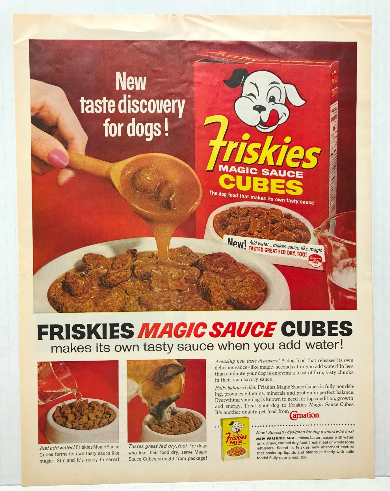 1963 Friskies Magic Sauce Cubes For Dogs From Carnation VINTAGE PRINT AD LM63