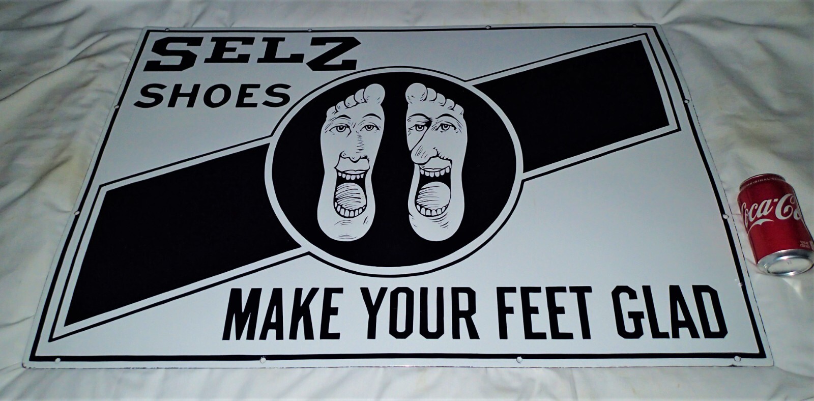 ANTIQUE C. 1920 SELZ SHOES PORCELAIN SIGN TALKING FEET ART GRAPHIC ADVERTISING