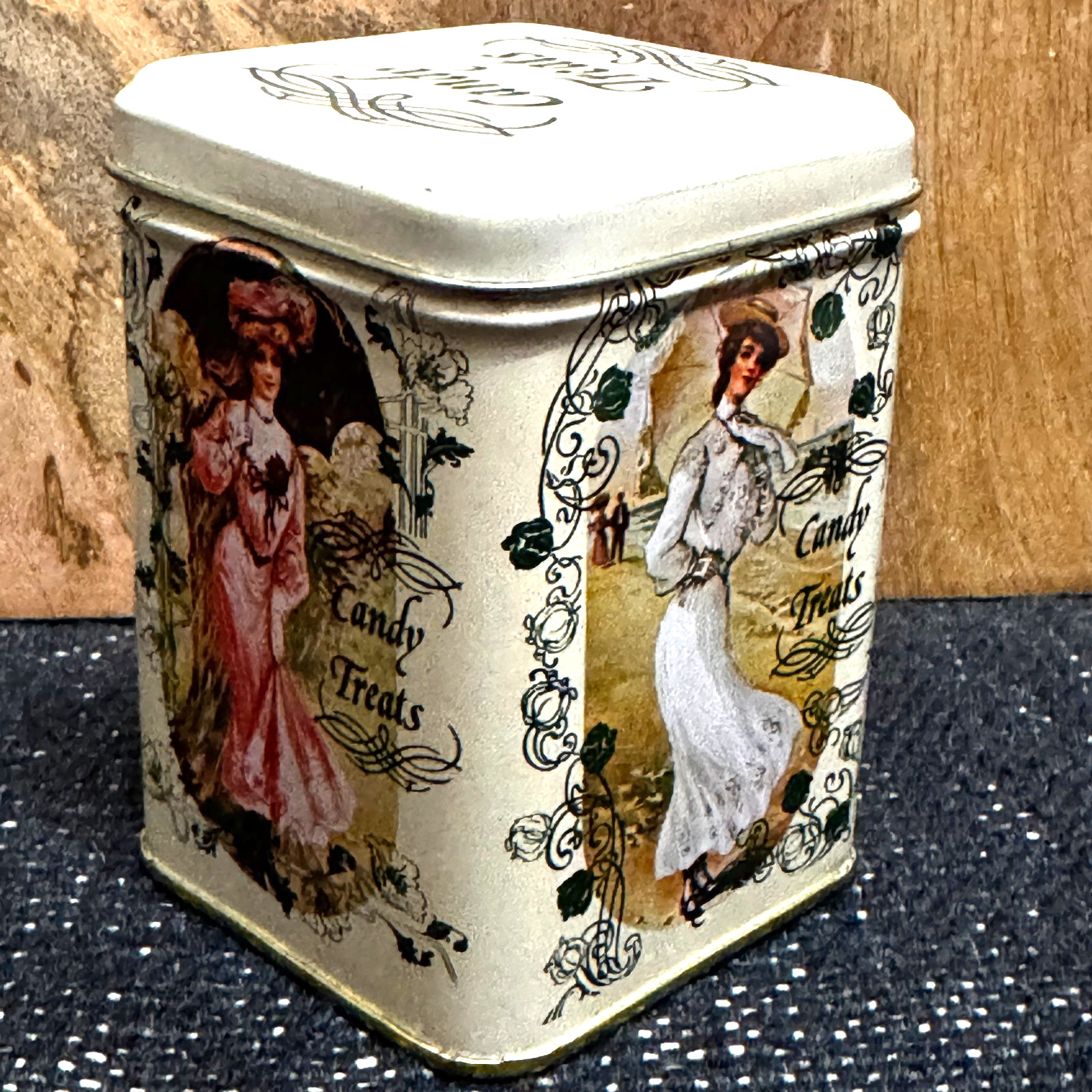 Candy Treats Lidded Tin Box, Victorian Styled Design, Vintage Circa 1990