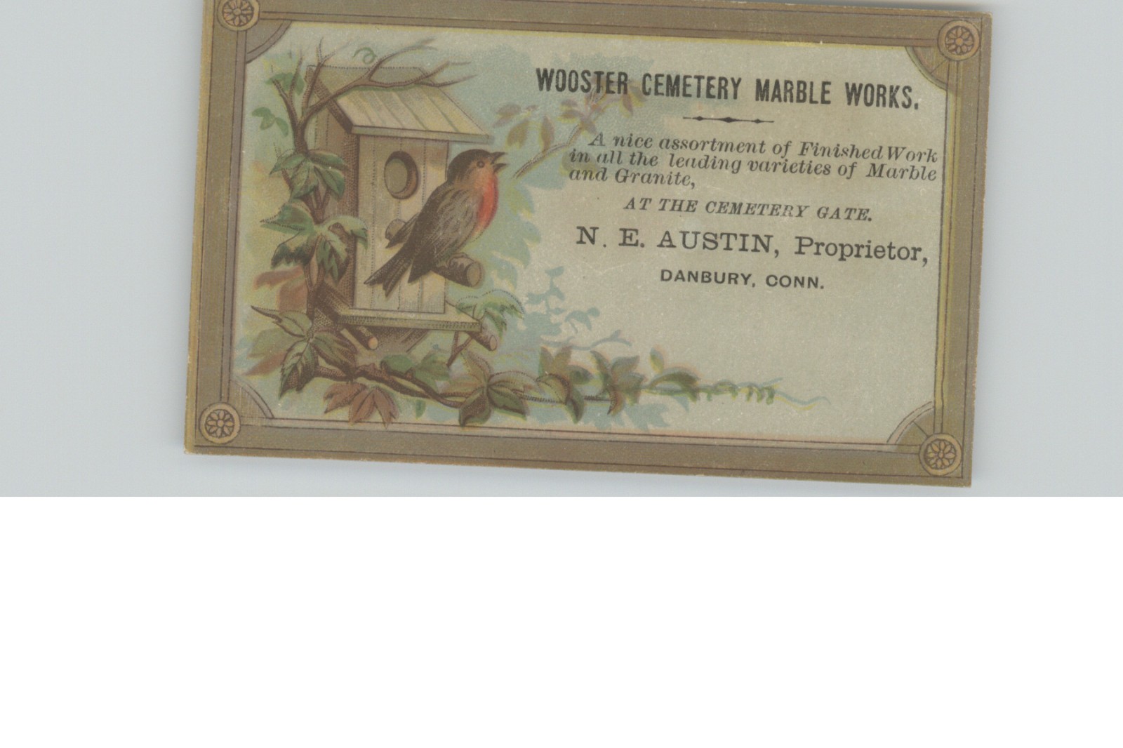 Antique Victorian Trade Card Wooster Cemetery Marble Works Danbury CT Bird Ad
