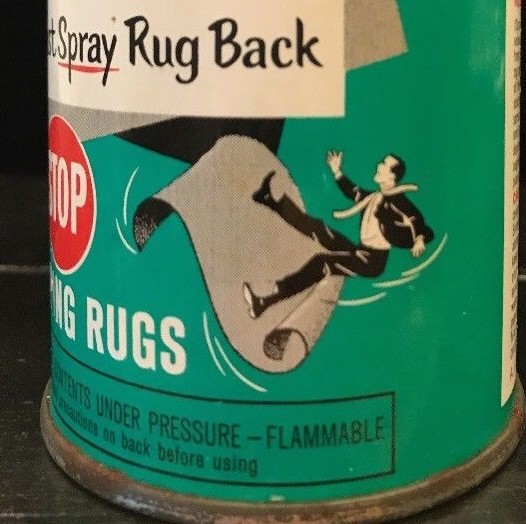 Mid-Century Modern Man Wife on Vintage RUG-STA Tin Spray Can petrol