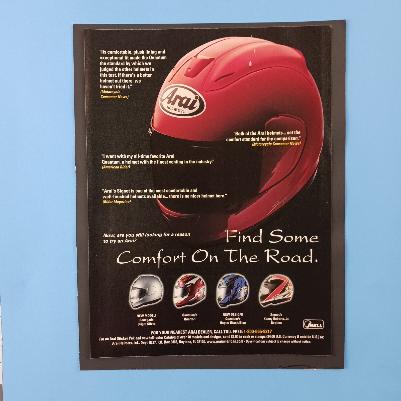 1998 Arai Find Some Comfort on the Road Helmets Print Advertisement