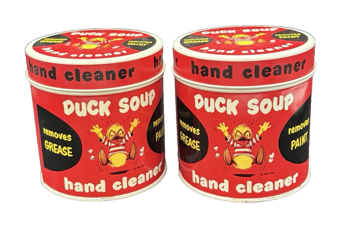 2 Vintage 1955 Duck Soup Hand Cleaner 17oz Tin Grease Paint Remover Old Stock