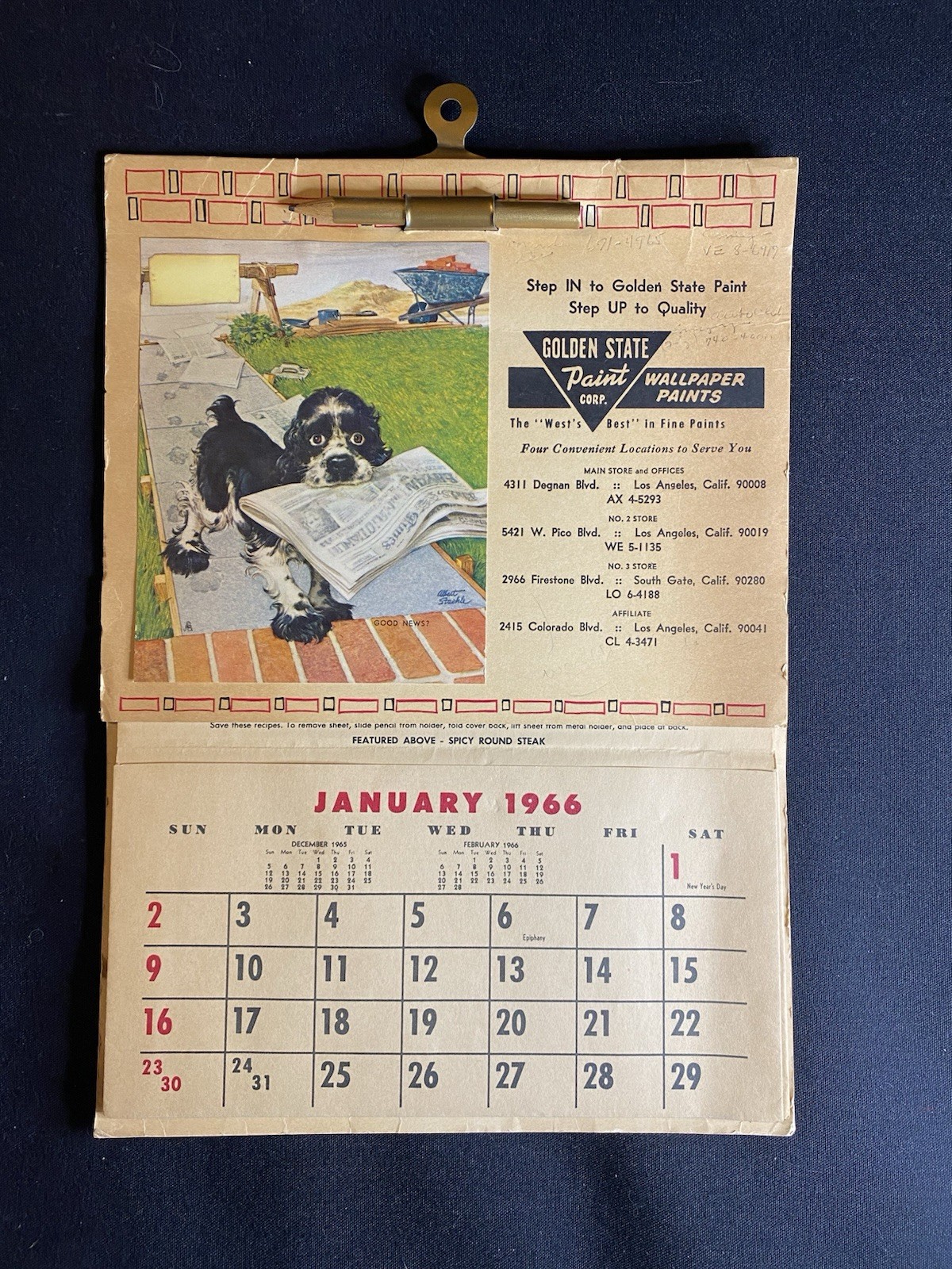 1966 Golden State Paint Corp. LA CA Calendar W/ Monthly Recipes, Receipt Pockets