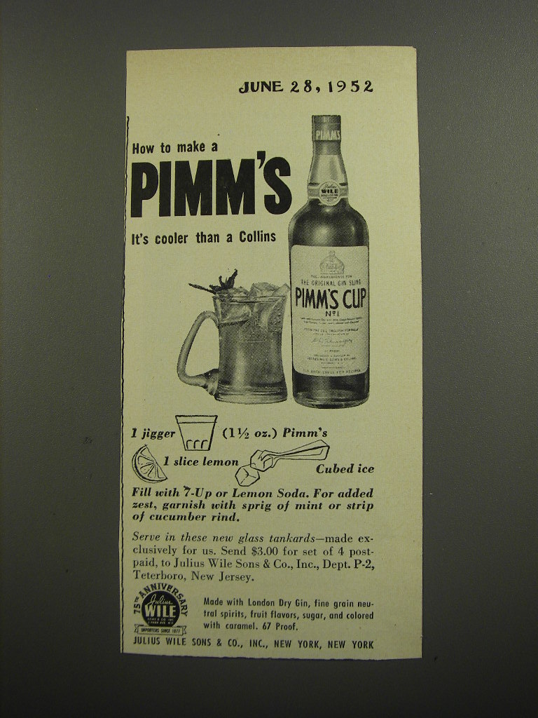 1952 Pimm’s Cup No. 1 Ad – How to make a Pimm’s cooler than a Collins