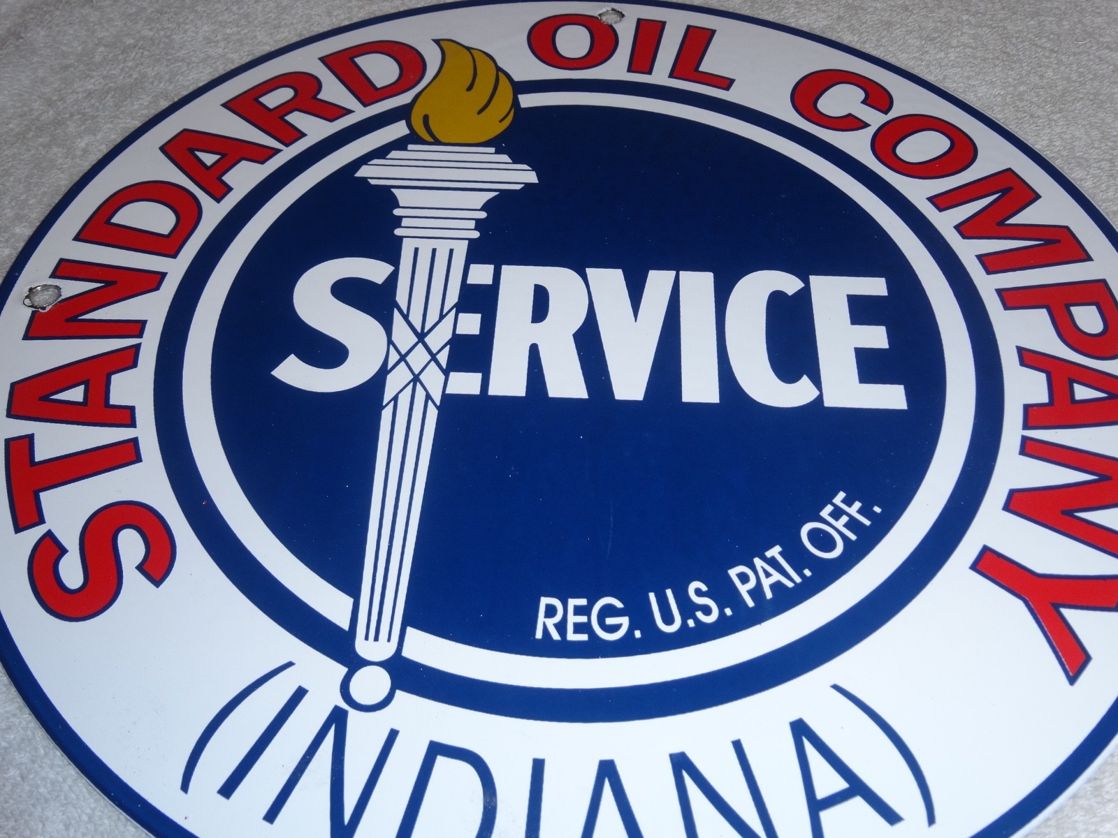 VINTAGE STANDARD OIL CO. GASOLINE SERVICE TORCH INDIANA 12″ PORCELAIN METAL SIGN