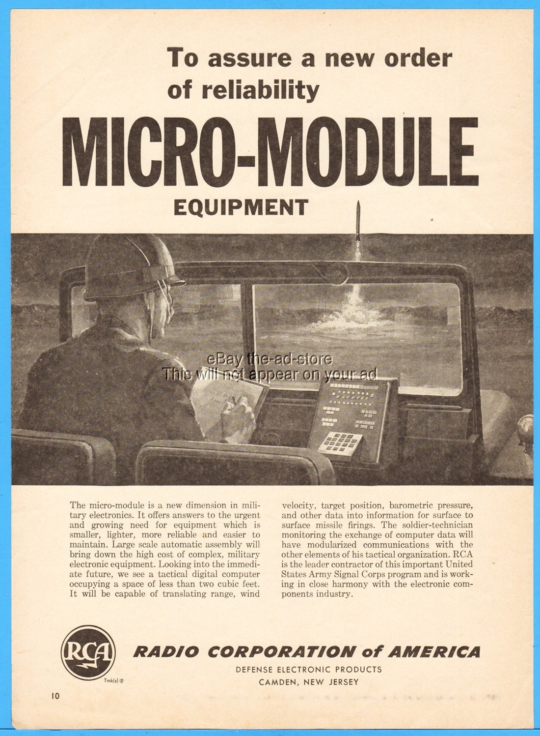 1960 RCA Defense Electronics Camden NJ US Army Signal Corps Missile Launch Ad