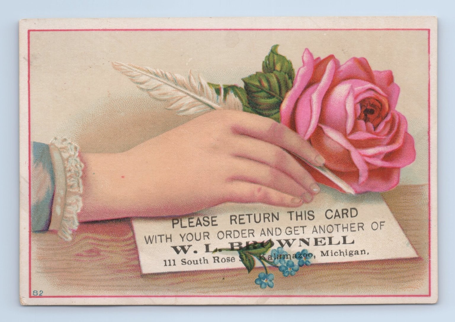 Victorian W. L. Brownell Kalamazoo Michigan Grocery Trade Card Rose Art