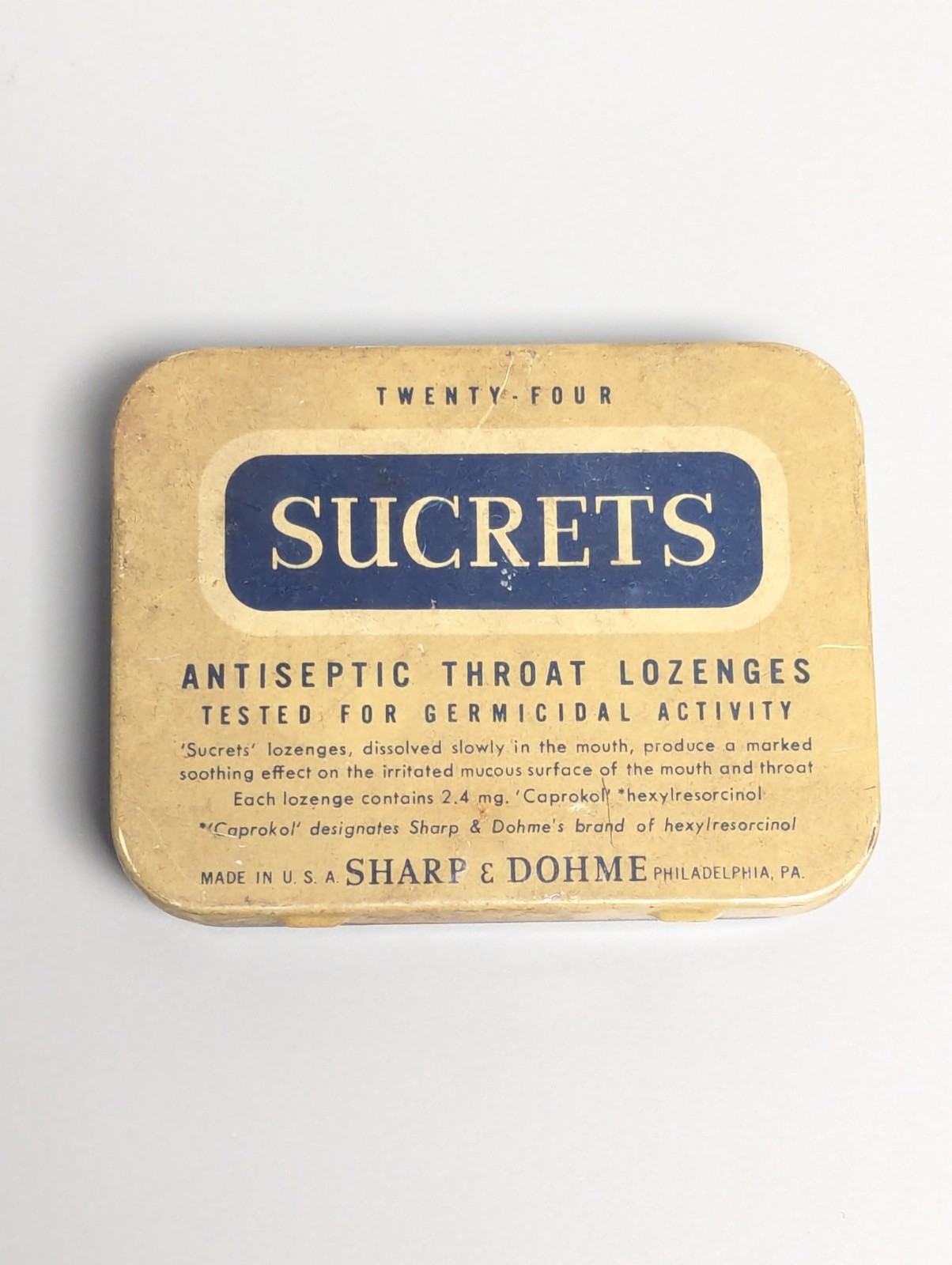 Vintage Sucrets Tin Metal Lozenges Box Made in USA Blue White Empty Sharp Dohme