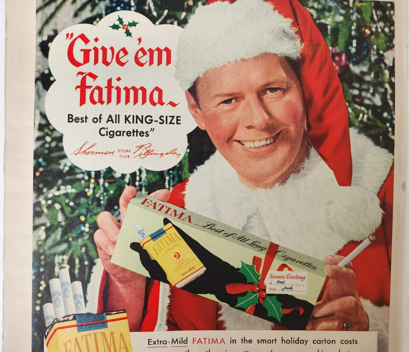 Sherman Billingsley Stork Club Christmas Fatima Cigarette 1951 Ad Magazine Print