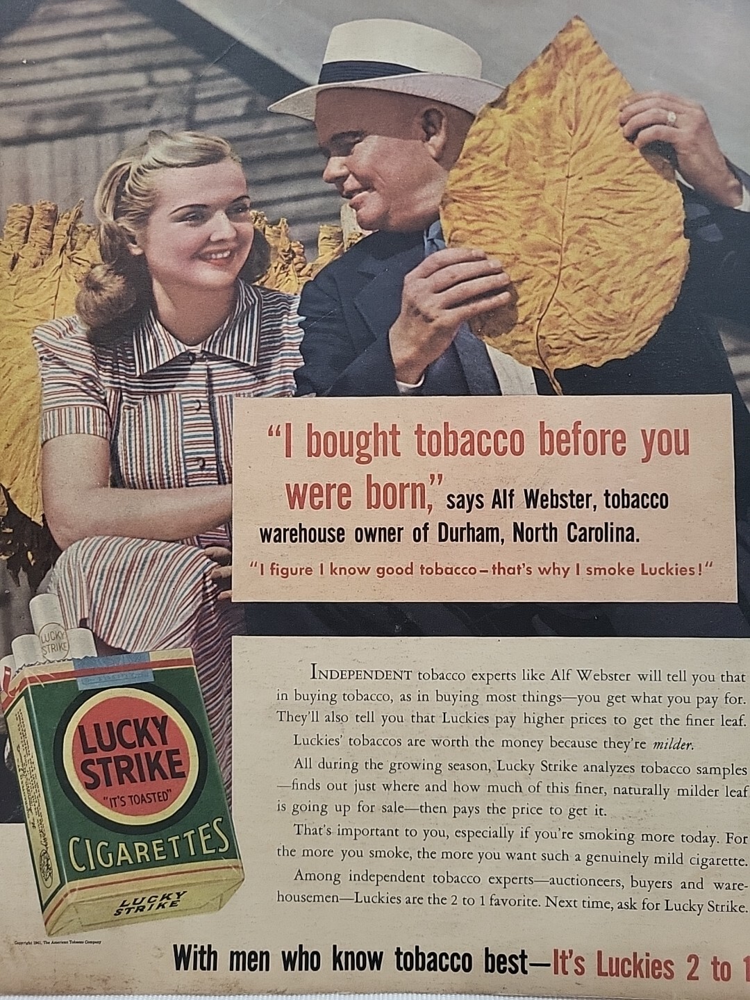 1941 Lucky Strike Cigarettes Fortune Magazine WW2 Print Ad Tobacco Leaf Buyer