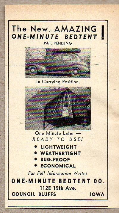 1950 Print Ad One Minute Bedtent for Camping Council Bluffs,Iowa