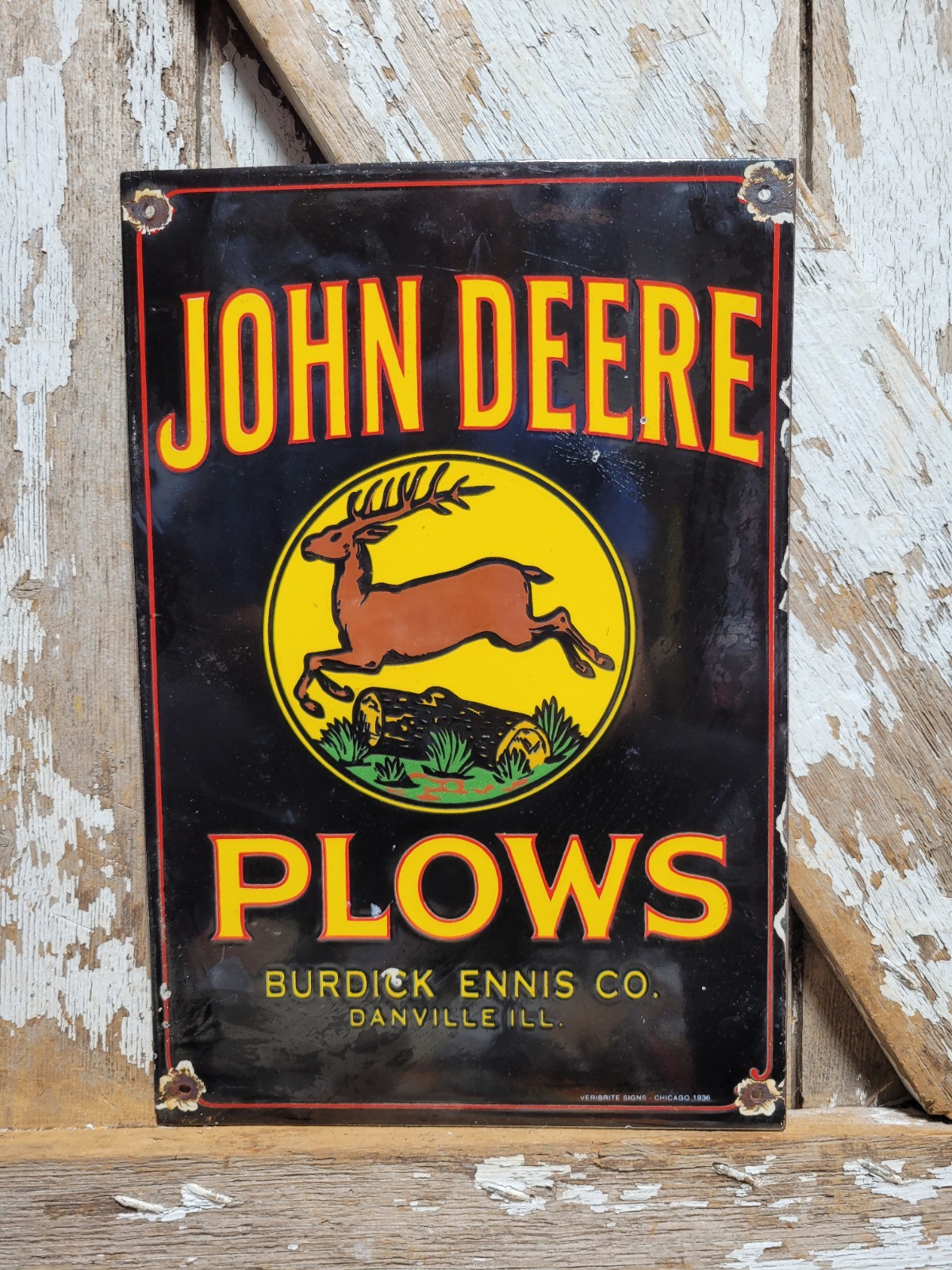 VINTAGE JOHN DEERE PORCELAIN SIGN OLD FARMING PLOW TRACTOR DEALER SALES SERVICE