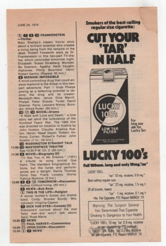 Lucky 100’s Cigarettes 1974 Picture Print Ad Clipping Page