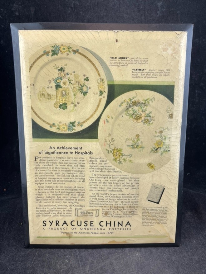 Antique Syracuse Fine China celluloid OverTin Advertising Sign 8 1/2″ by 11 1/2″