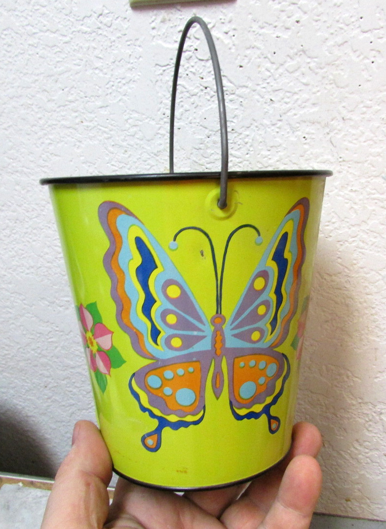 Vintage J chein Cheinco housewares tin litho pail bucket, butterflies prints