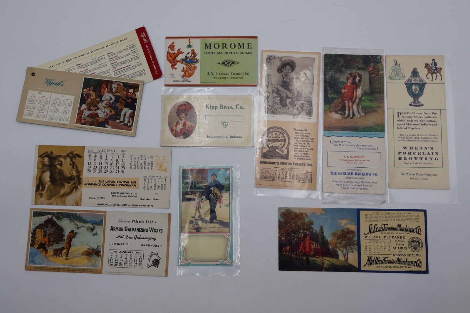 10 Vintage 1940s 1950s Advertising Ink Blotter Cards Calendars Lassie Lawson Woo