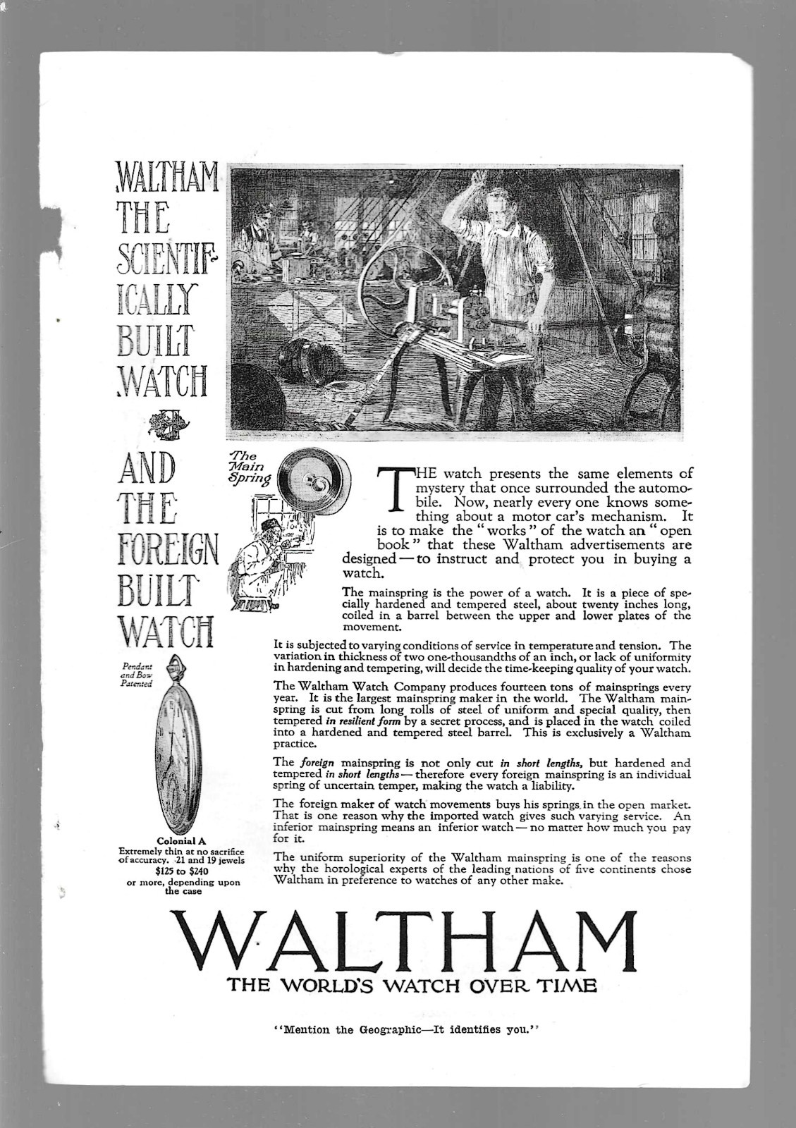 1919 Waltham “The World’s Watch Over Time” Vintage Print Magazine Advertisement
