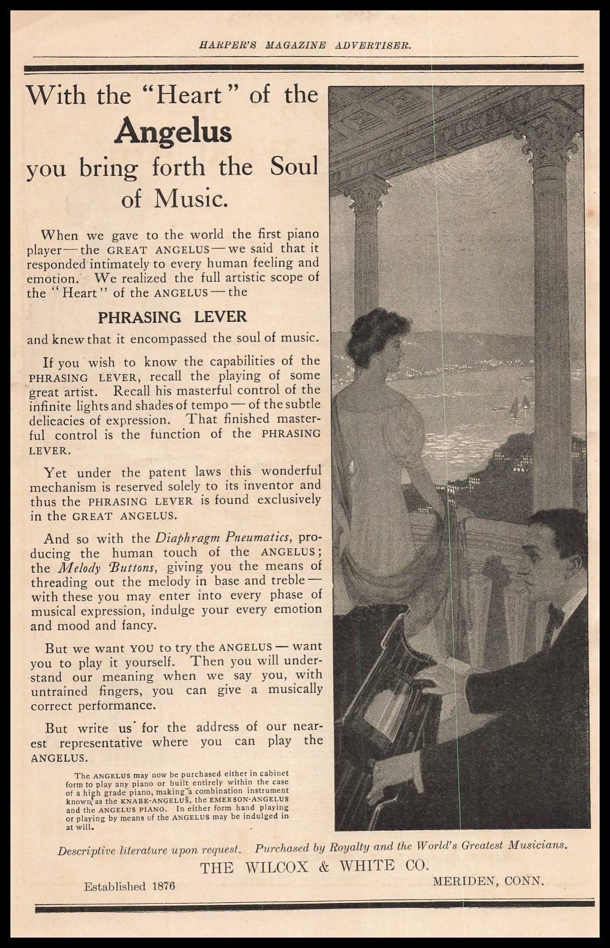1906 Wilcox & White Meriden Connecticut Angelus Lever Piano Player Art Print Ad