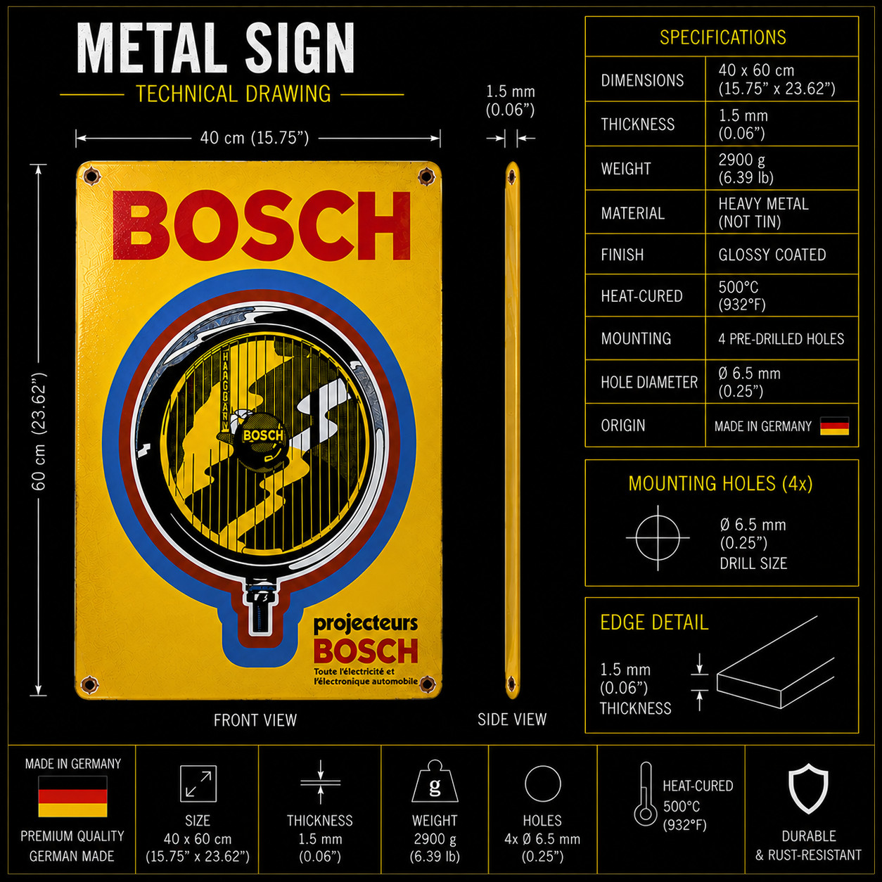 Bosch Vintage Rusty Headlamp Heavy Metal Sign – 40 × 60 cm (15.7” × 23.6”)