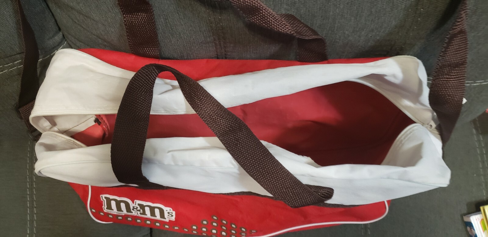 M&M Chocolate Candies Cloth Bag Vinyl Like Advertising Candy Red Brown Shoulder