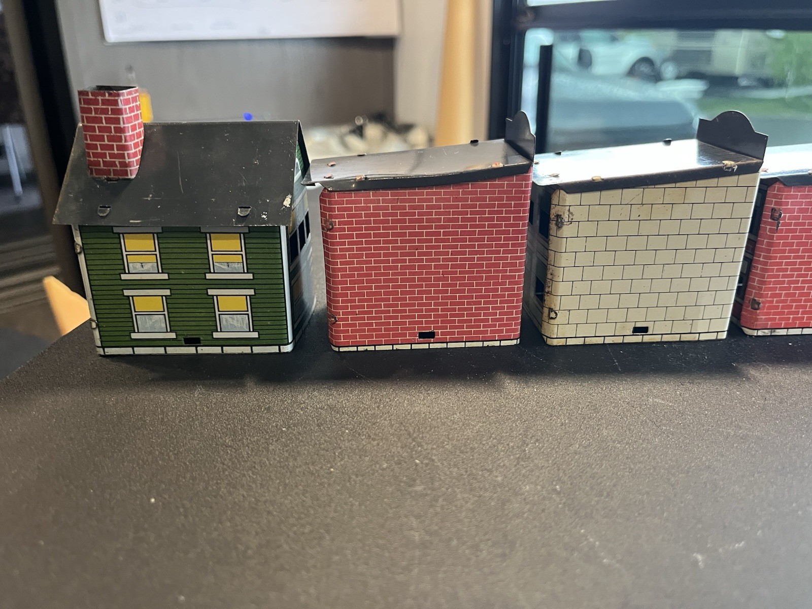 6 Antique West Bros village series Candy Container tin litho Buildings