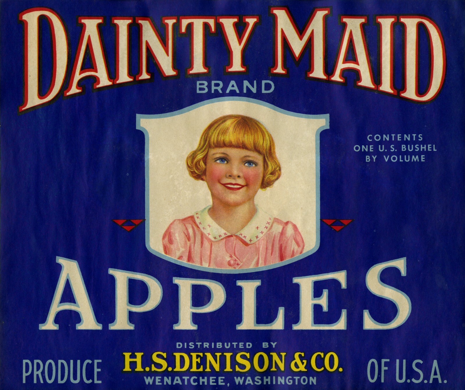 Dainty Maid Brand Apple Crate Label – Blue – Pink Top – One Bushel – Wenatchee