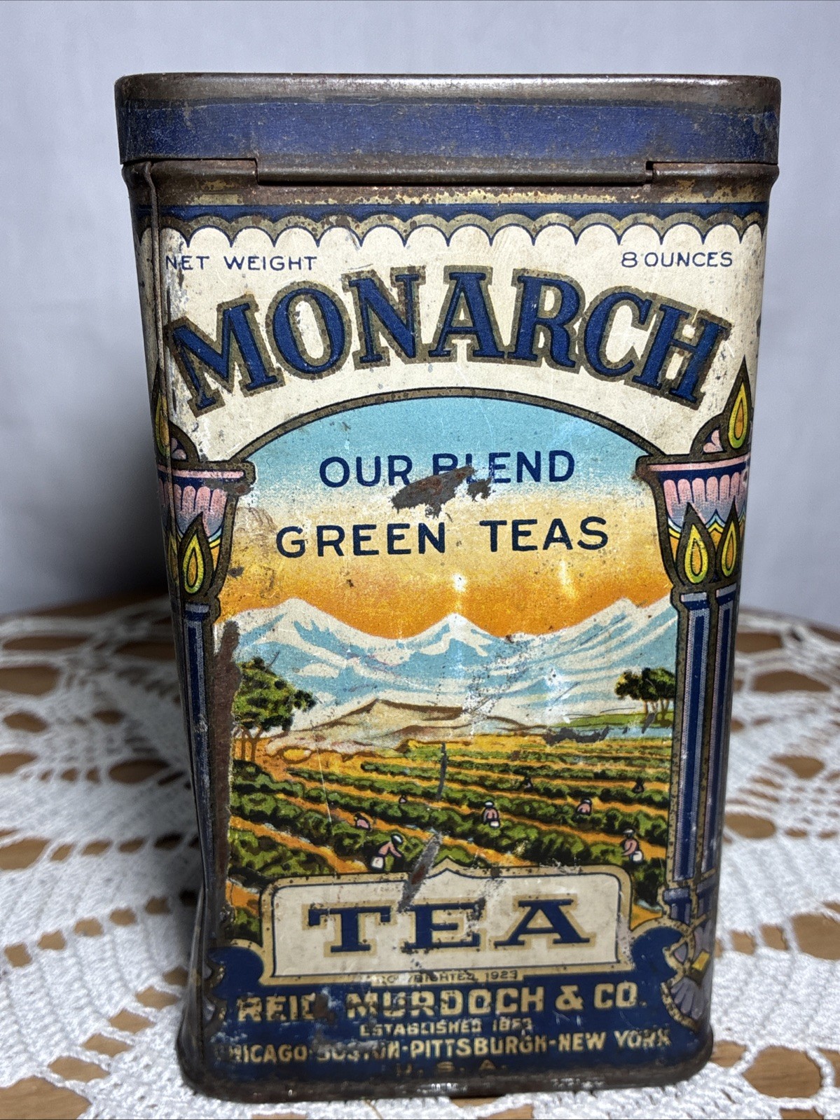 Vintage Monarch Tea Tin 8 oz Can Lion Graphic Hinge Lid Reid Murdoch Advertising