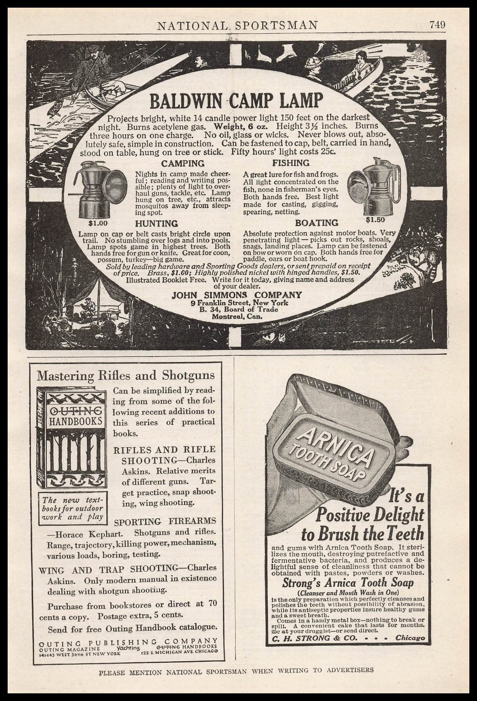 1912 John Simmons New York $1.00 Baldwin Camp Lamp & $1.50 Fishing Lamp Print Ad
