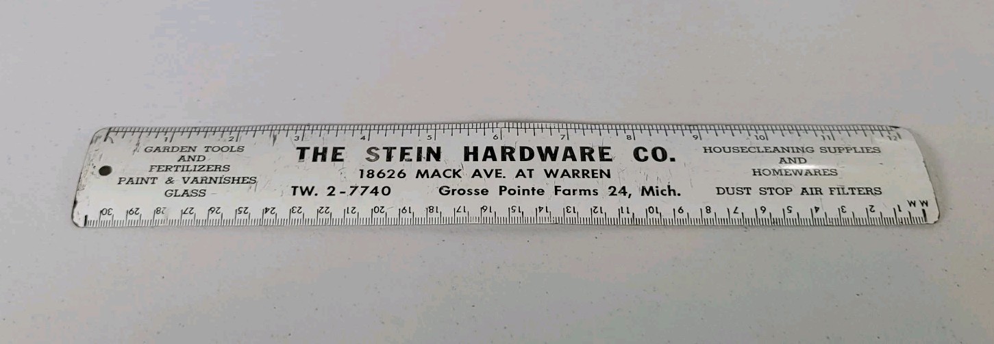 Vintage The Stein Hardware Co Grosse Pointe Farms MI Metal Advertising Ruler