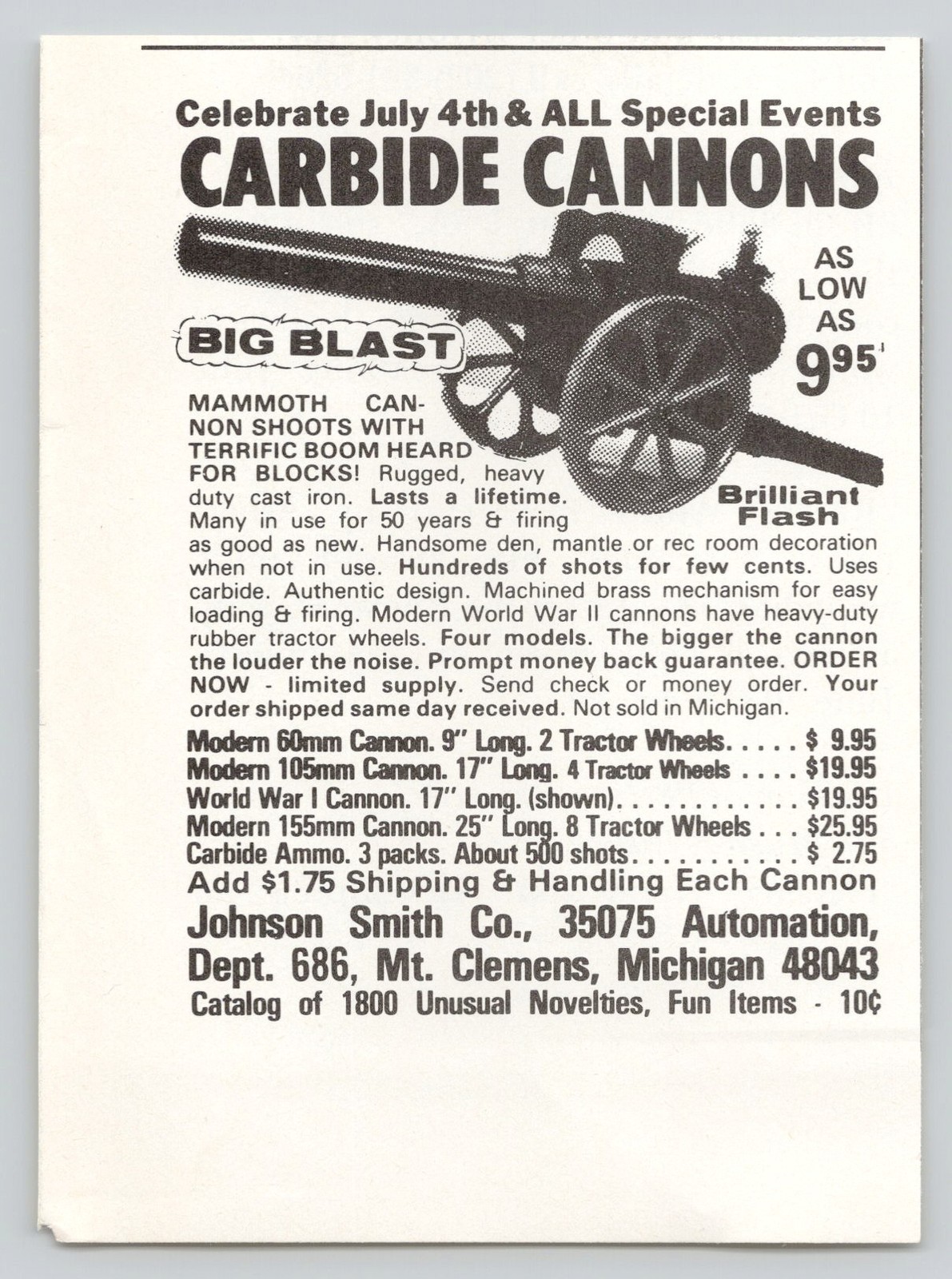 Carbide Cannons Johnson Smith Co Special Events 1977 Vintage Print Ad